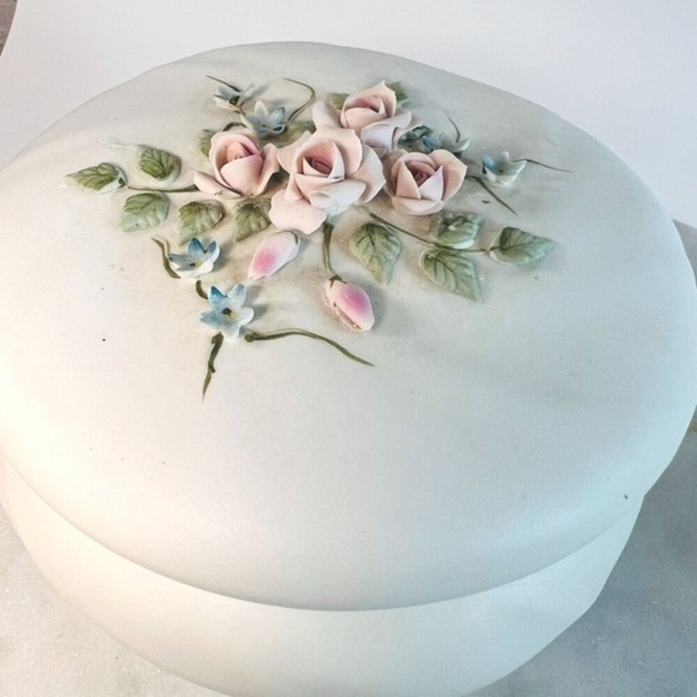 Vtg Lefton Capodimonte Trinket Box Lidded Jar China Jewelry Box‎ Floral Details
